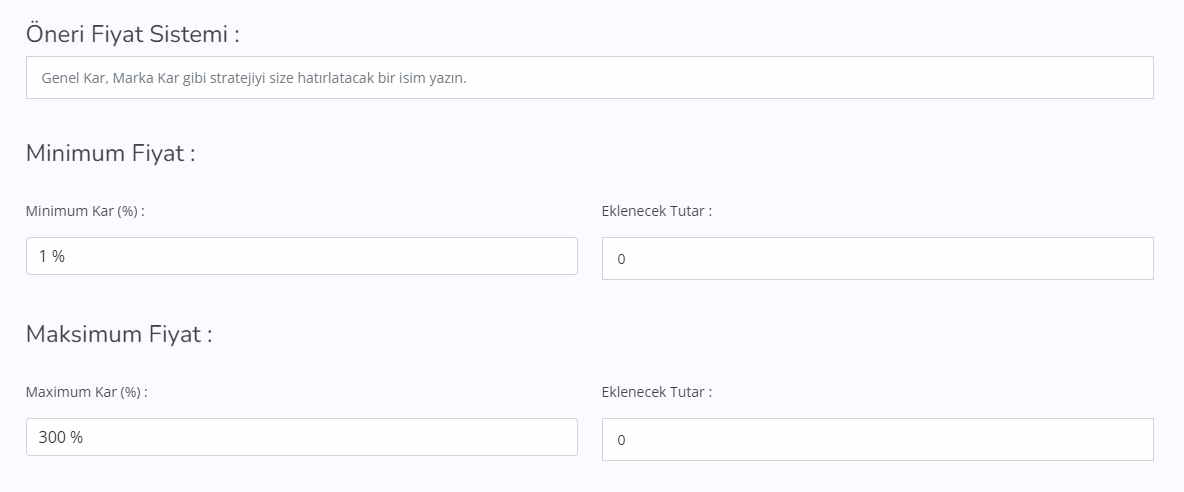 Hızlı Başlangıç - Öneri Fiyat Stratejisi Ekranı